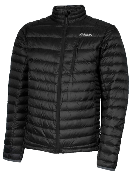 A men's black puffer featuring a front zip closure and two side zip pockets.