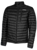 A men's black puffer featuring a front zip closure and two side zip pockets.