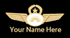 A Allegiant Air name badge with a gold and white wings design and the text 'Your Name Here' on a black background.