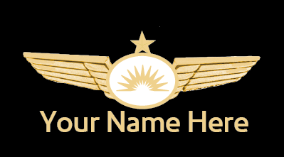 A Allegiant Air name badge with a gold and white wings design and the text 'Your Name Here' on a black background.