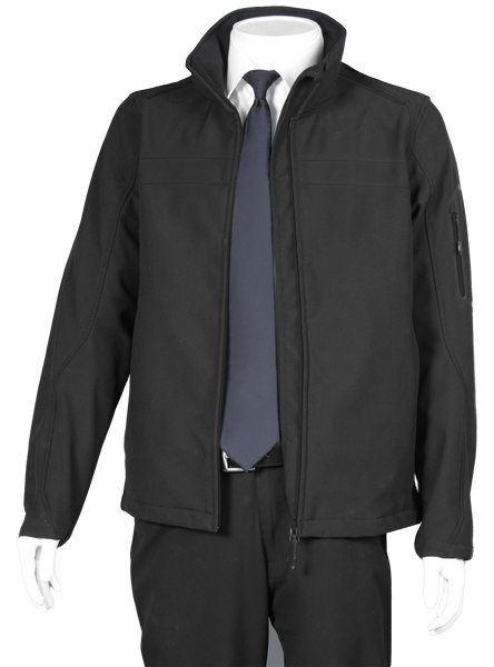 A professional aviator jacket and badge set, predominantly black in color, displayed on a mannequin. The jacket features a high collar, zippered hand pockets, and reflective trim.