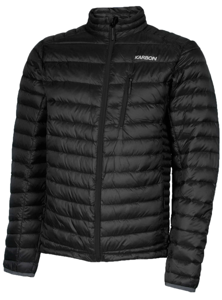 A men's black puffer featuring a front zip closure and two side zip pockets.