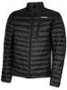 A men's black puffer featuring a front zip closure and two side zip pockets.