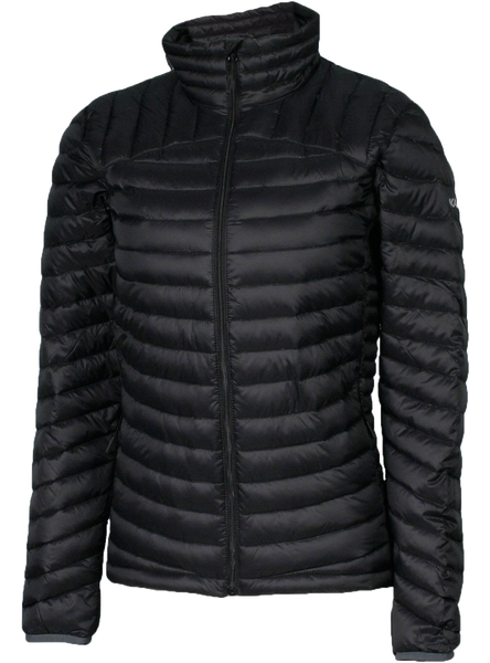 A women's black puffer featuring a front zip closure and two side zip pockets.