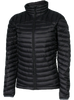 A women's black puffer featuring a front zip closure and two side zip pockets.