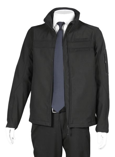 A professional aviator jacket and badge set, predominantly black in color, displayed on a mannequin. The jacket features a high collar, zippered hand pockets, and reflective trim.