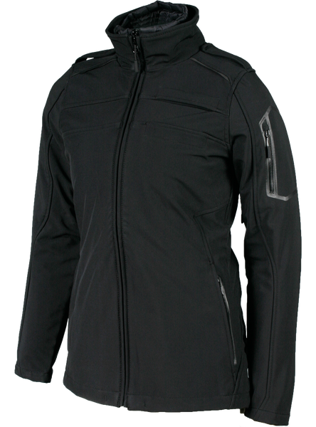A black Aviator II jacket for women, featuring a high collar, zippered pockets.