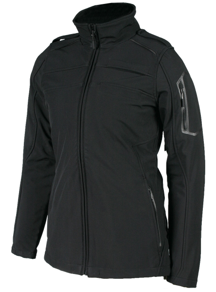 A black women's aviator jacket with a high collar, zippered hand pockets, and reflective trim. The jacket is designed for performance and style, compatible with a Karbon Insulator.