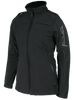 A women's black jacket featuring a front zip closure, a pocket on the left sleeve and two side zip pockets.