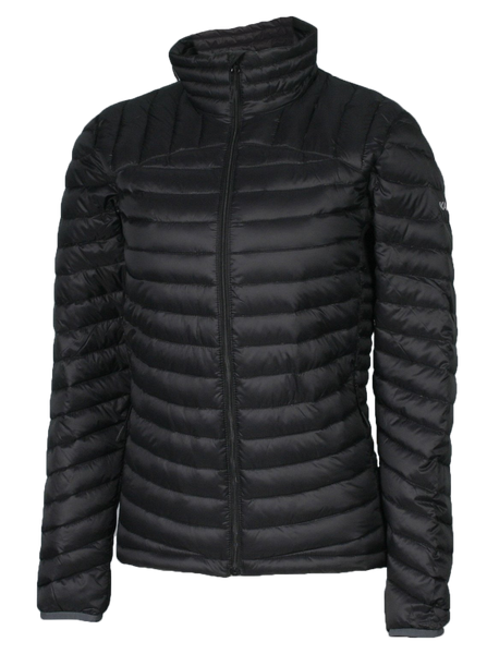 A women's black puffer featuring a front zip closure and two side zip pockets.