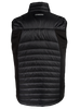 A back view of a black quilted puffer vest with side stretch panels and a visible zippered chest pocket.