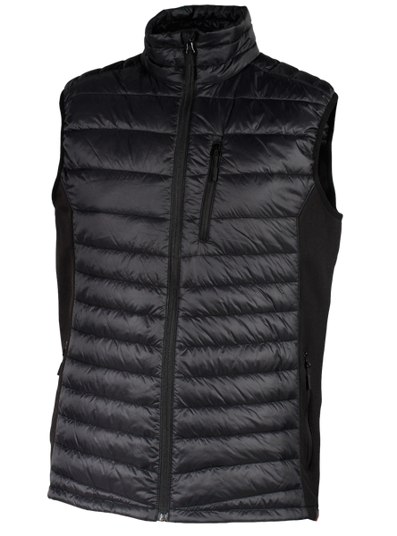 A black quilted puffer vest with side stretch panels and a visible zippered chest pocket.