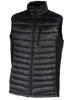 A black quilted puffer vest with side stretch panels and a visible zippered chest pocket.