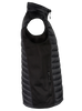 A side view of a black quilted puffer vest with side stretch panels and a visible zippered chest pocket.