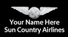 A name badge for Sun Country Airlines with a placeholder for 'YOUR NAME HERE' and the airline's logo featuring wings.