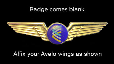 A gold-colored badge with a blue center and the Avelo logo, designed to be affixed to an Aviator jacket.