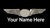 A badge featuring an airplane design with a placeholder for a custom name, and text indicating 'Your Name Here'.