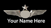 A badge featuring an airplane design with a placeholder for a custom name, and text indicating 'Your Name Here'.