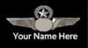 A badge featuring an airplane design with a placeholder for a custom name, and text indicating 'Your Name Here'.