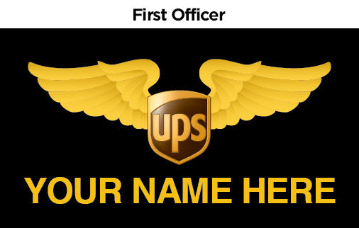 A name badge for First Officer with the UPS logo and a placeholder for a name, designed for use with an Aviator jacket.