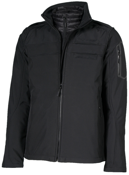 A professional aviator jacket and badge set, predominantly black in color, displayed on a mannequin. The jacket features a high collar, zippered hand pockets, and reflective trim.