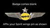 A blank badge for Spirit Airlines with text " Affix your Spirit wings pin as shown" and the airline's logo featuring wings and a star.