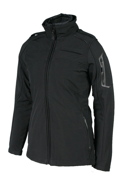 A women's black jacket featuring a front zip closure, a pocket on the left sleeve and two side zip pockets.