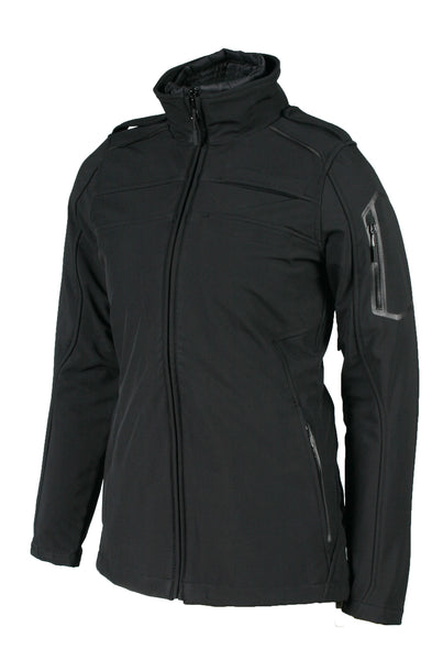 A women's black jacket featuring a front zip closure, a pocket on the left sleeve and two side zip pockets.