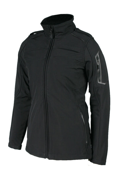 A women's black jacket featuring a front zip closure, a pocket on the left sleeve and two side zip pockets.