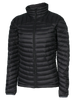 A women's black puffer featuring a front zip closure and two side zip pockets.
