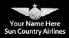 A name badge for Sun Country Airlines with a placeholder for 'YOUR NAME HERE' and the airline's logo featuring wings and a star.