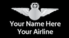 A name airline badges with a placeholder for 'YOUR NAME HERE' and the airline's logo featuring wings and a star.