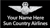 A name badge for Sun Country Airlines with a placeholder for 'YOUR NAME HERE' and the airline's logo featuring wings and a star.