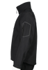 A side view of a professional aviator jacket and badge set, predominantly black in color, displayed on a mannequin. The jacket features a high collar, zippered hand pockets, and reflective trim.