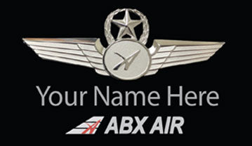 A badge design for an Aviator jacket featuring a stylized airplane and the text 'ABX AIR' with a space for a personalized name.

