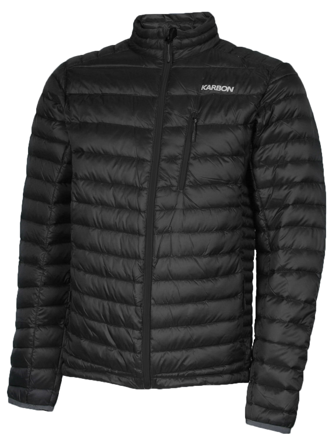 A men's black puffer featuring a front zip closure and two side zip pockets.