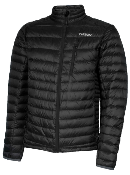A men's black puffer featuring a front zip closure and two side zip pockets.