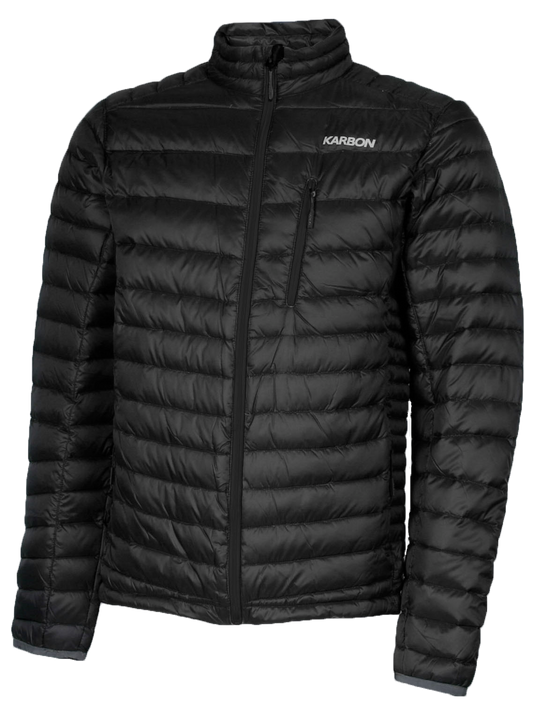 A men's black puffer featuring a front zip closure and two side zip pockets.