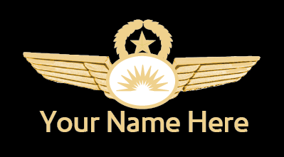 A Allegiant Air name badge with a gold and white wings design and the text 'Your Name Here' on a black background.

