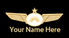 A Allegiant Air name badge with a gold and white wings design and the text 'Your Name Here' on a black background.