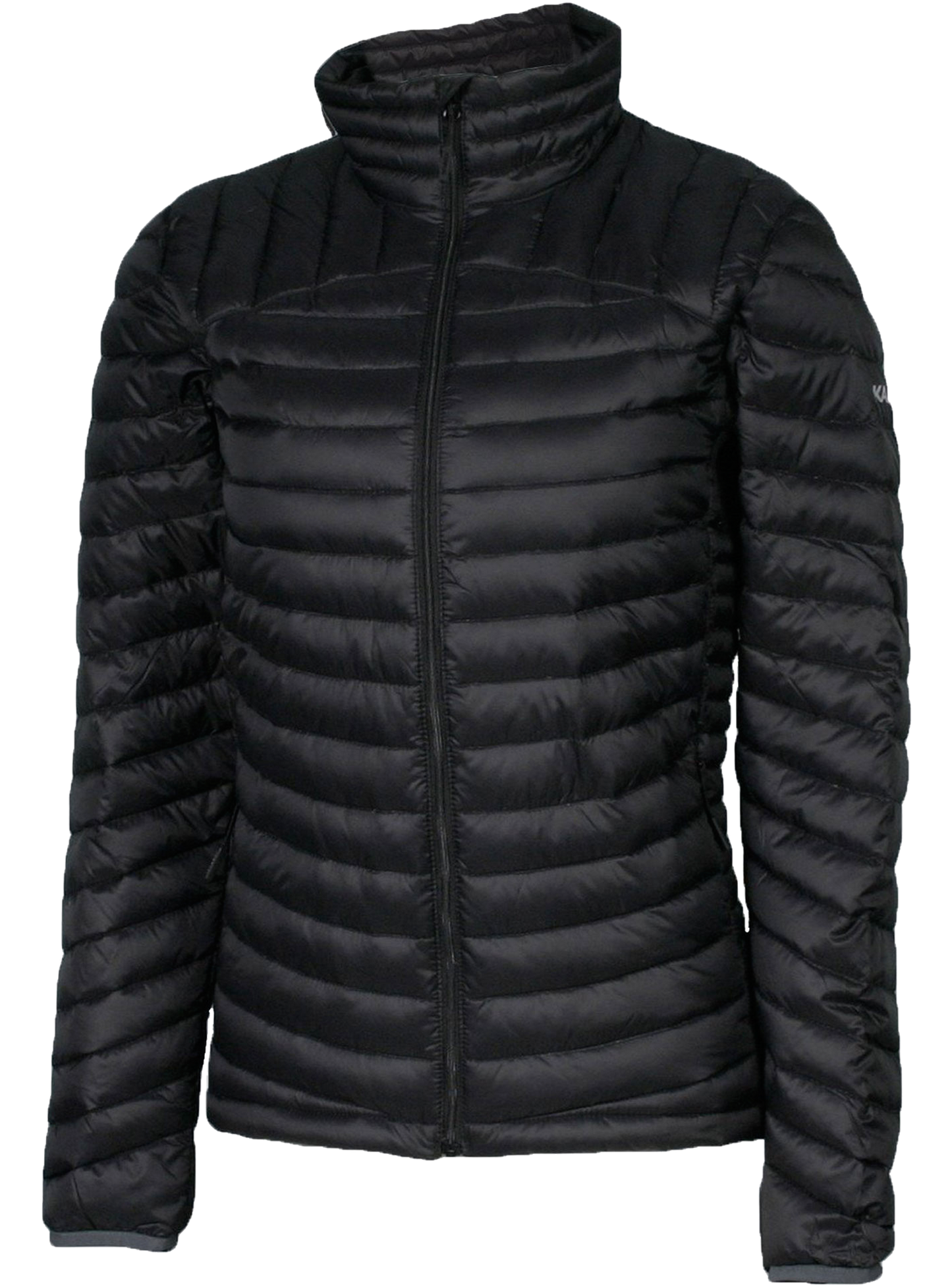 A women's black puffer featuring a front zip closure and two side zip pockets.