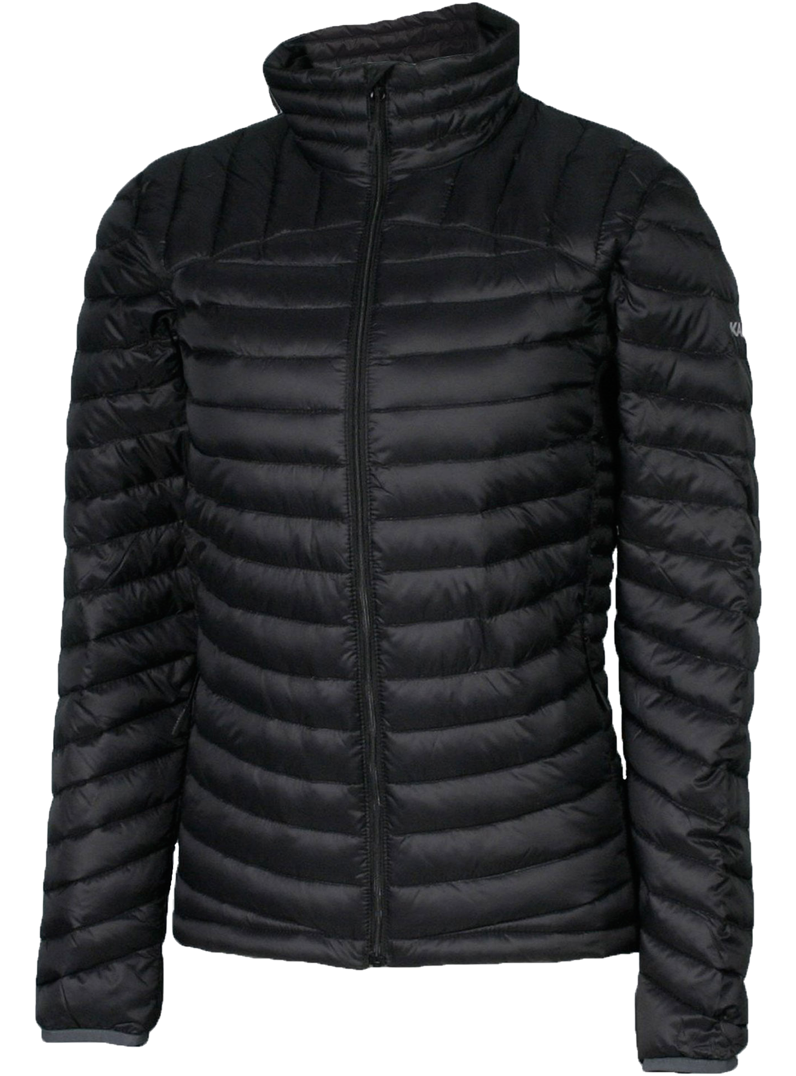 A women's black puffer featuring a front zip closure and two side zip pockets.