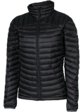 A women's black puffer featuring a front zip closure and two side zip pockets.