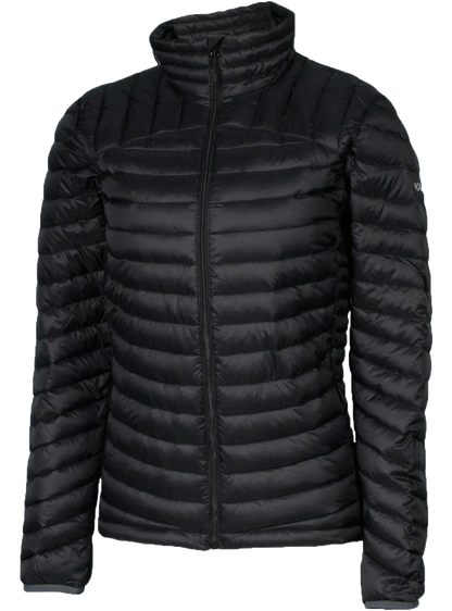 A women's black puffer featuring a front zip closure and two side zip pockets.