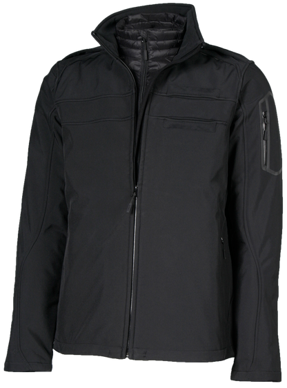 A professional aviator jacket and badge set, predominantly black in color, displayed on a mannequin. The jacket features a high collar, zippered hand pockets, and reflective trim.