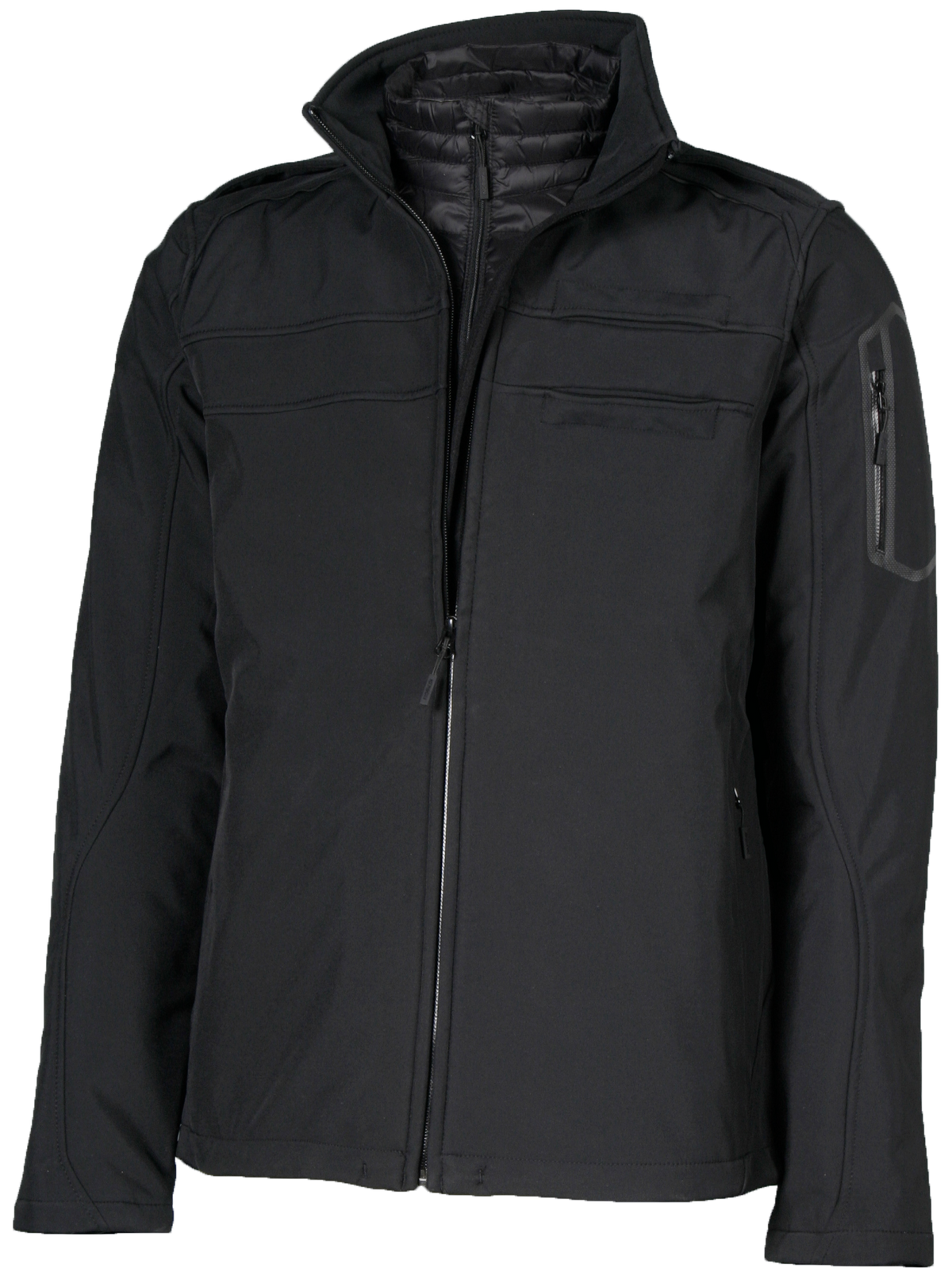 A professional aviator jacket and badge set, predominantly black in color, displayed on a mannequin. The jacket features a high collar, zippered hand pockets, and reflective trim.