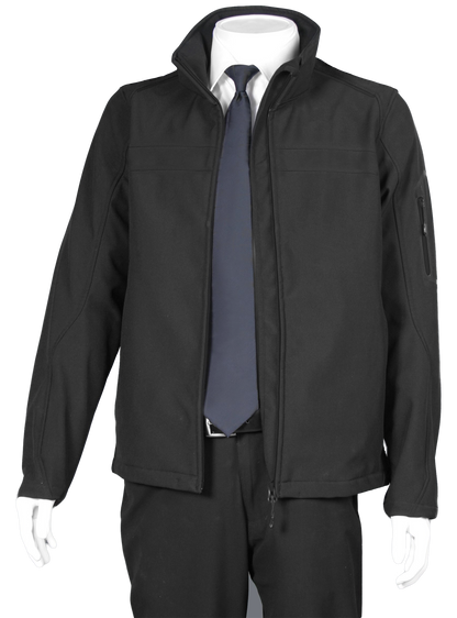 A professional aviator jacket and badge set, predominantly black in color, displayed on a mannequin. The jacket features a high collar, zippered hand pockets, and reflective trim.