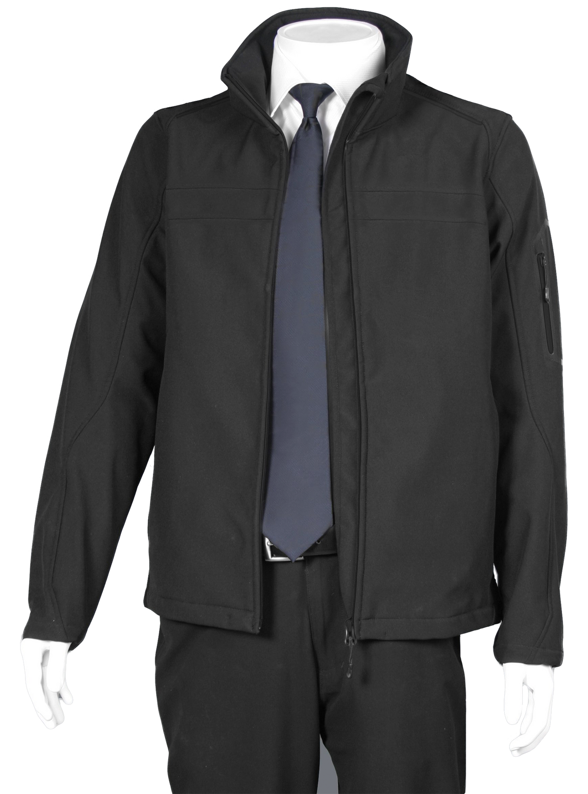 A professional aviator jacket and badge set, predominantly black in color, displayed on a mannequin. The jacket features a high collar, zippered hand pockets, and reflective trim.