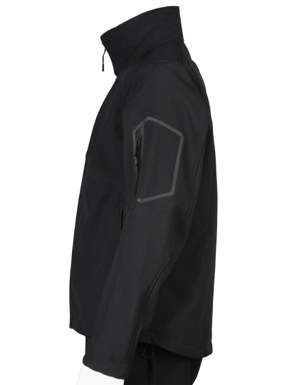 A side view of a professional aviator jacket and badge set, predominantly black in color, displayed on a mannequin. The jacket features a high collar, zippered hand pockets, and reflective trim.