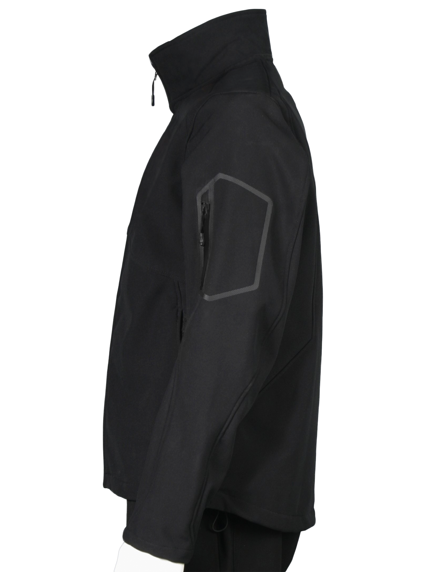 A side view of the mens' black jacket with a pocket on the sleeve.